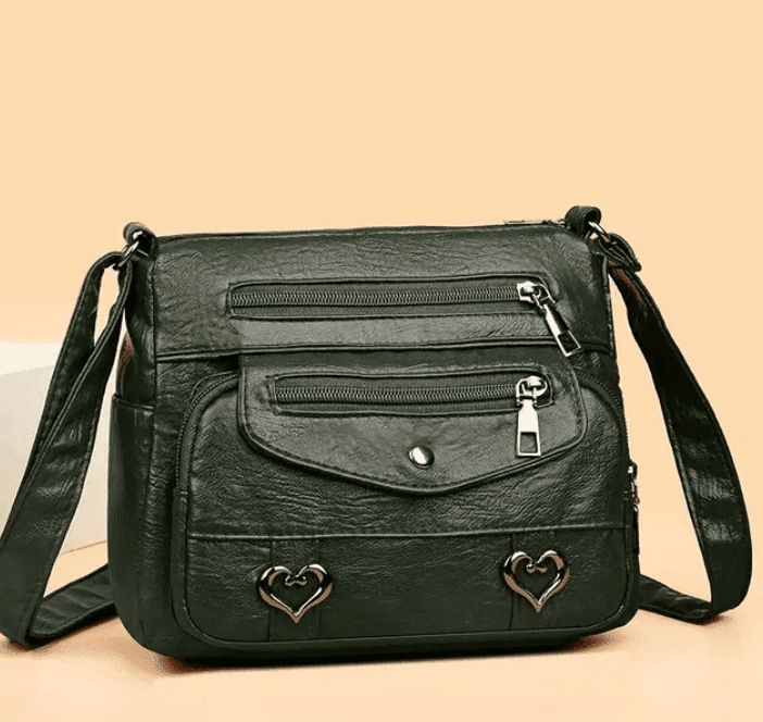 Sac Bandoulière Vintage Femme – Détails Cœur & Poches Zippées