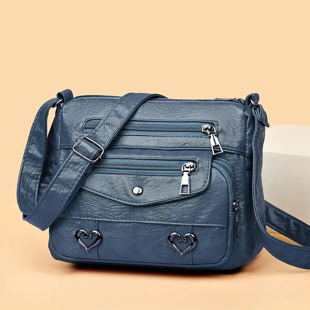 Sac Bandoulière Vintage Femme – Détails Cœur & Poches Zippées