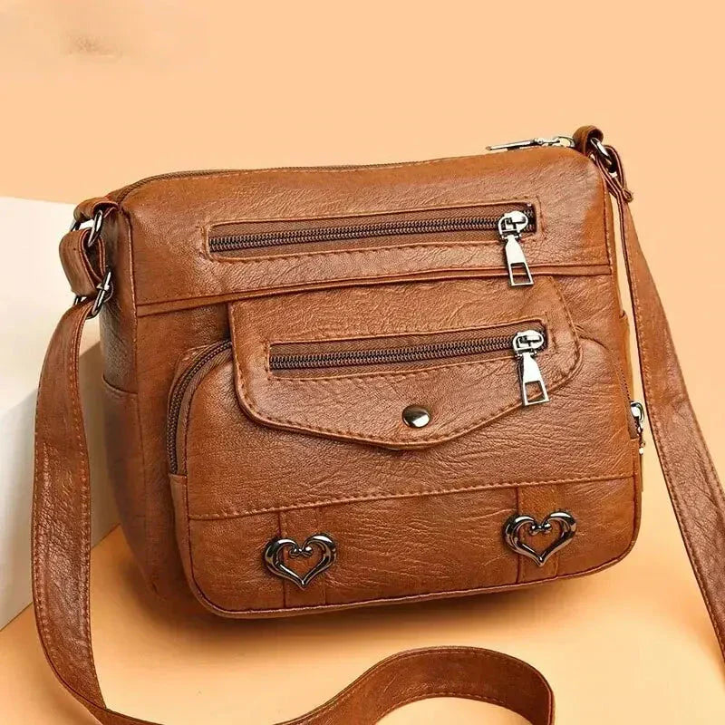Sac Bandoulière Vintage Femme – Détails Cœur & Poches Zippées
