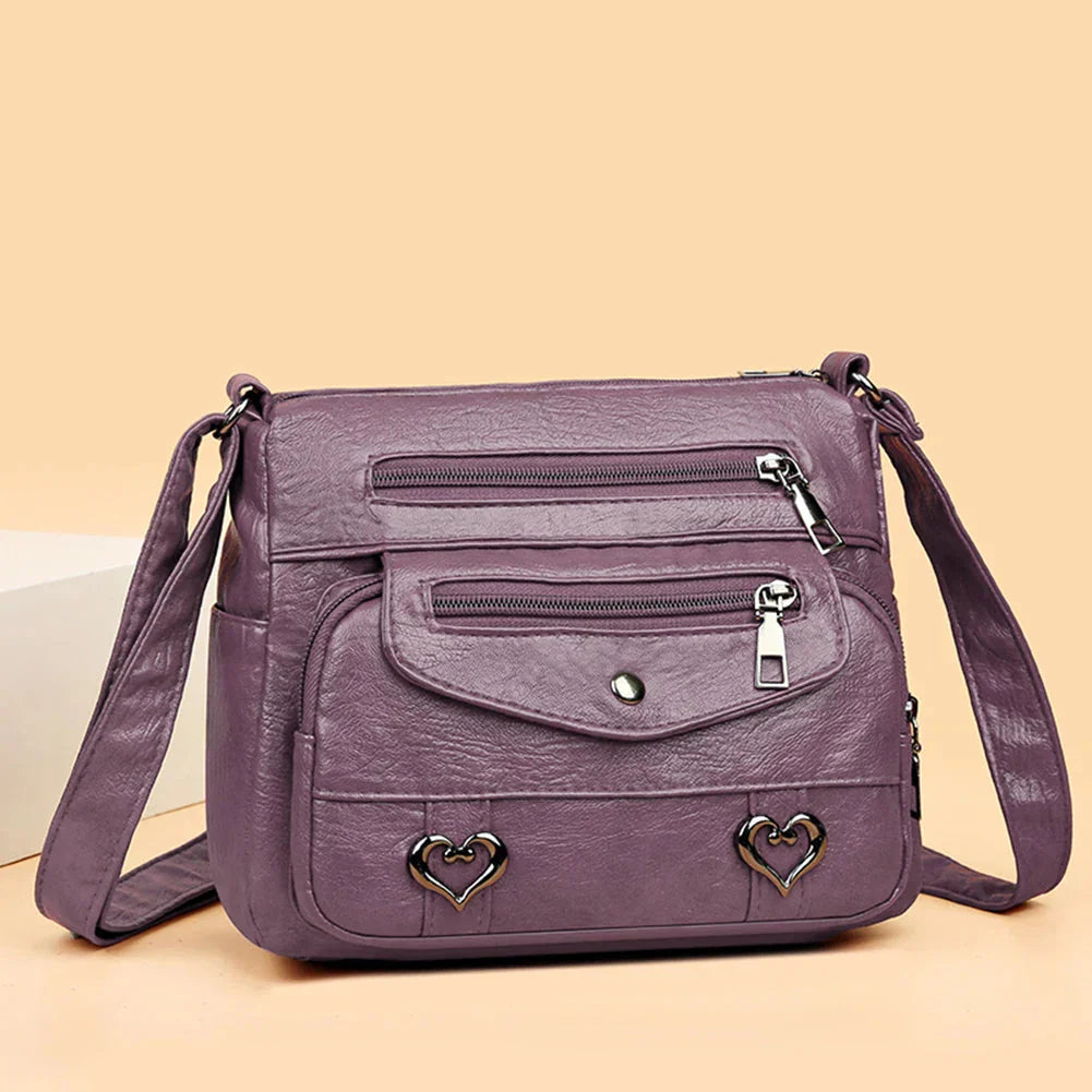Sac Bandoulière Vintage Femme – Détails Cœur & Poches Zippées